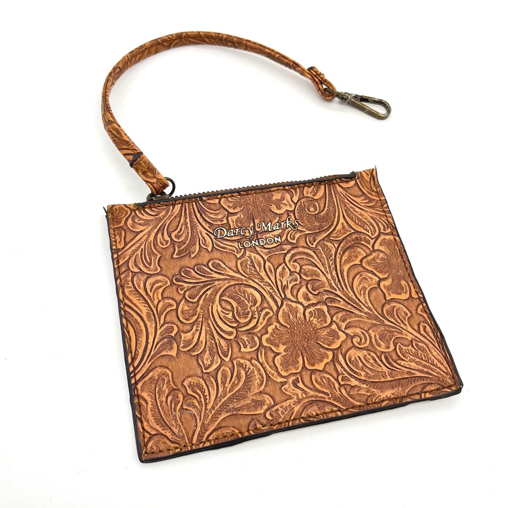 Darcy Marks London Brown Floral Embossed Wristlet Pouch Zipper Coin‎ Purse Small
